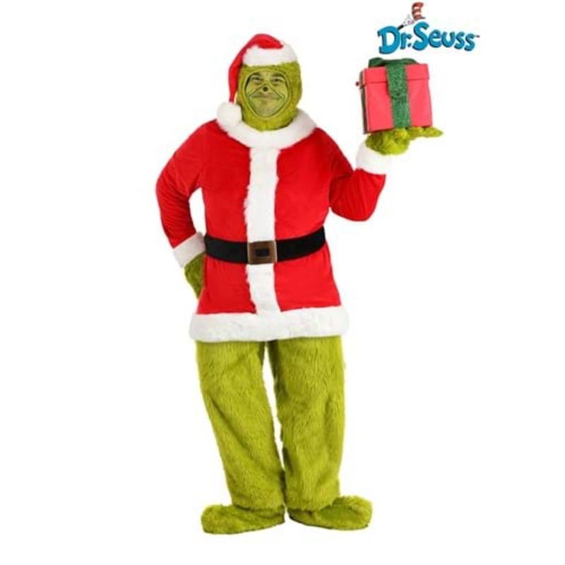 Men's Plus Size Dr. Seuss Grinch Santa Open Face Costume 2X