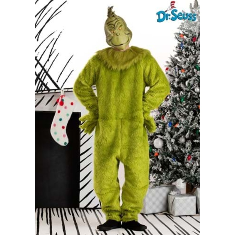 Men's The Grinch Deluxe Jumpsuit w/ Latex Mask Small/Medium