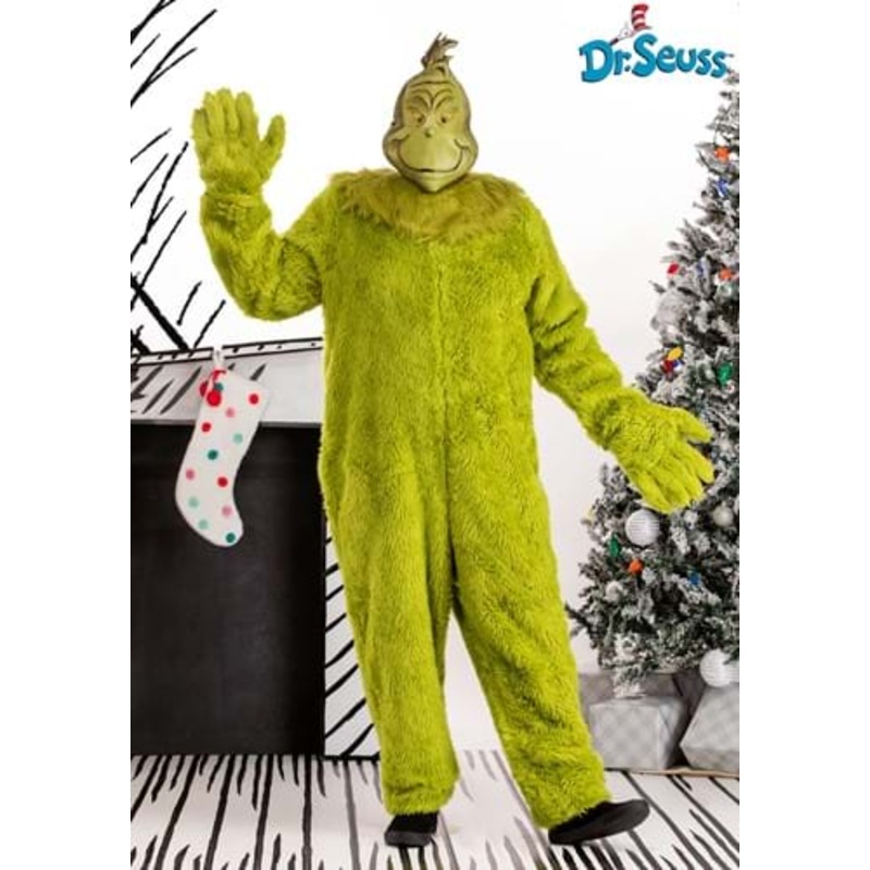 Plus Size The Grinch Adult Deluxe Jumpsuit with Latex Mask 2X-Large