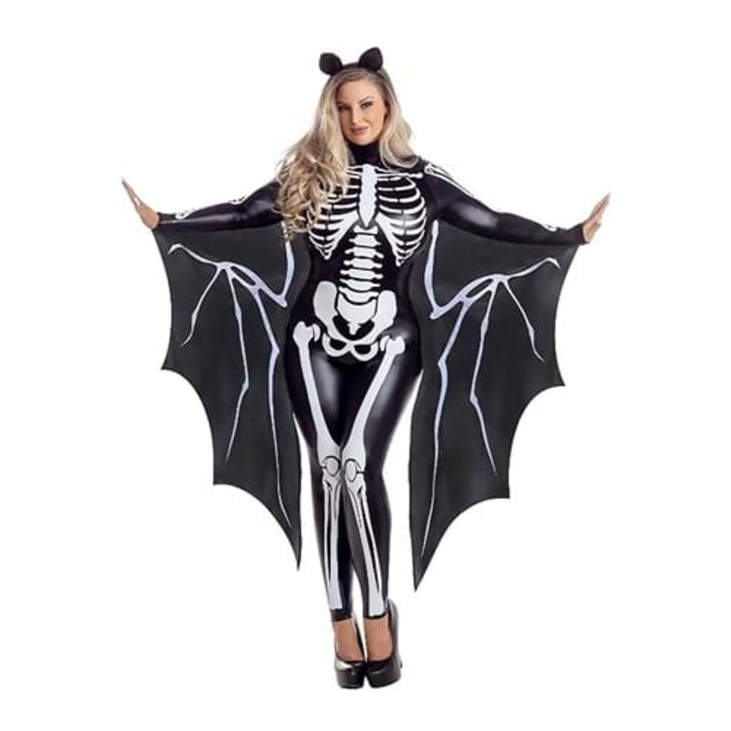 Plus Size Sexy Skeleton Bat Jumpsuit Women's Costume with Attached Wings 1X