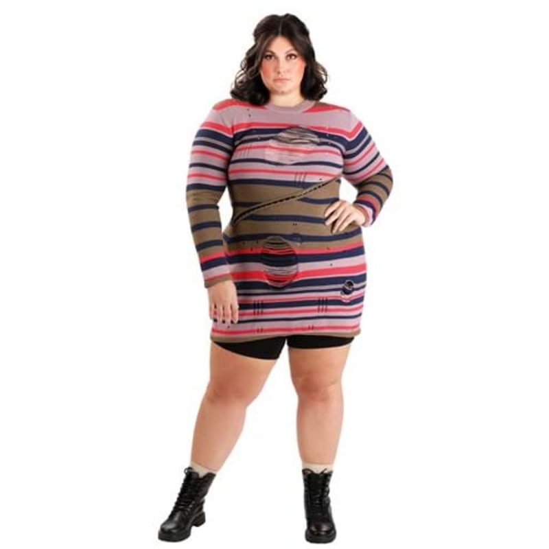 Plus Size Women's Astrid Striped Distressed Sweater Dress with Bike Shorts 1X