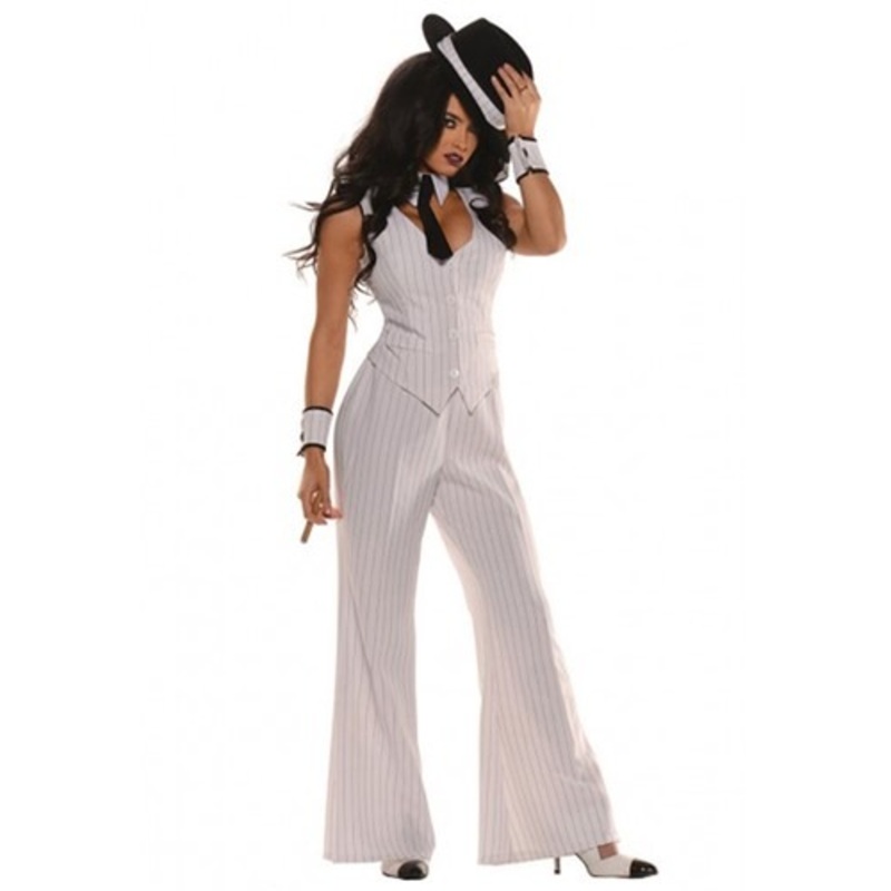 Women's White Pinstripe Gangster Costume Small