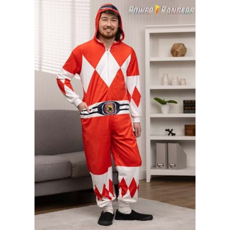 Adult Power Rangers Red Ranger Hooded Union Suit Costume Small